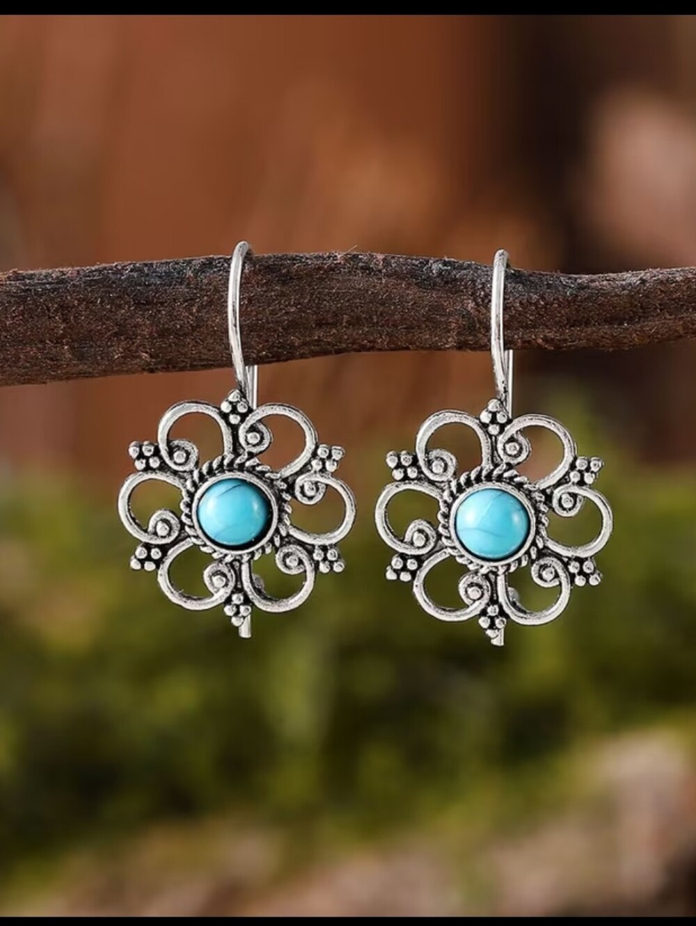 Flower Earrings with Turquoise Stone